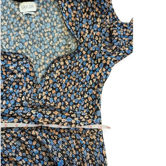 Saylor Ditsy Floral Midi Dress Blue Deep V-Neck High Slit Long Sleeves - Picture 8 of 14